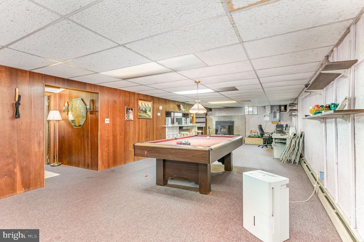 Billiard Table, Fireplace, Game Room, Interior, Pendant Lights, Wooden Walls