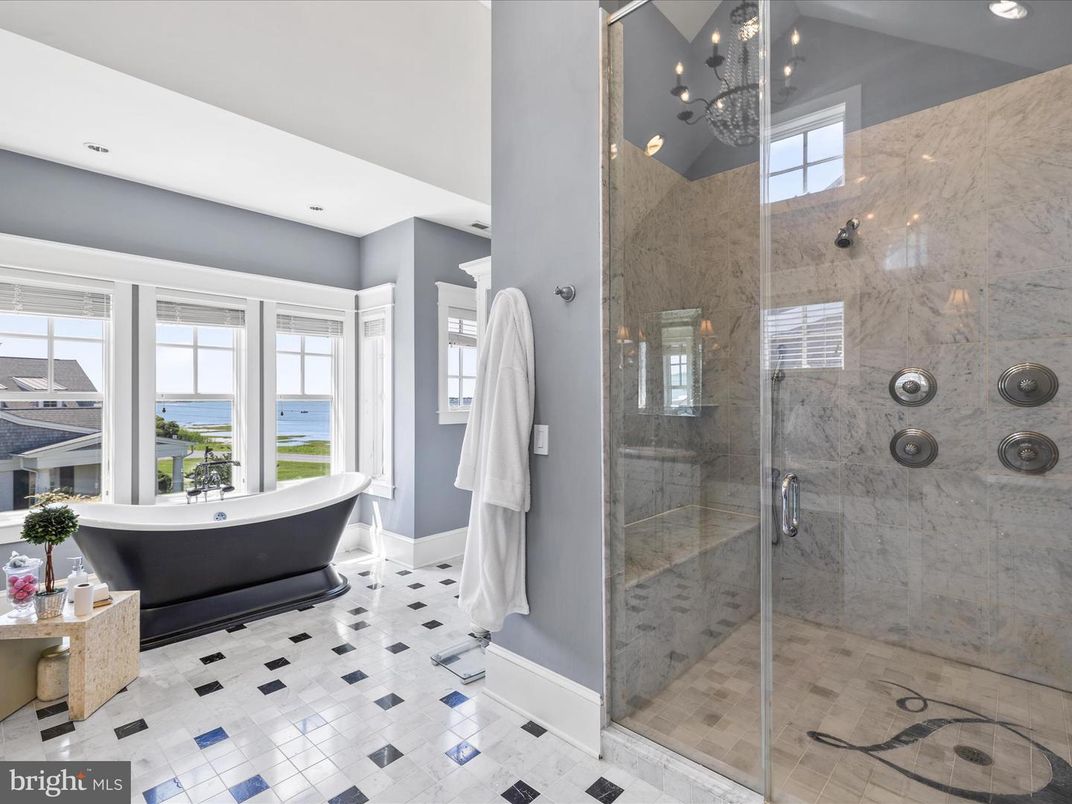 Bathroom, Free Standing Baths, Glass Shower, Interior, Marble Walls, Recessed Lighting, Water