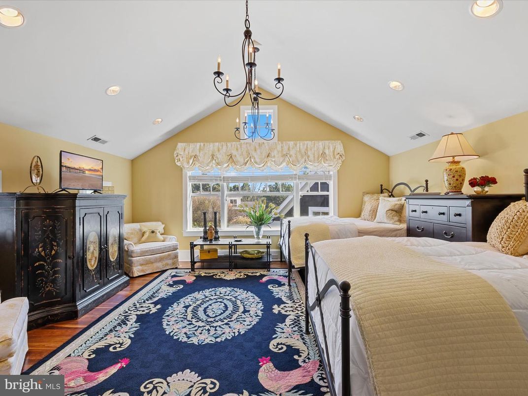 Bedroom, Chandelier, Interior, Recessed Lighting, Wood Texture Flooring