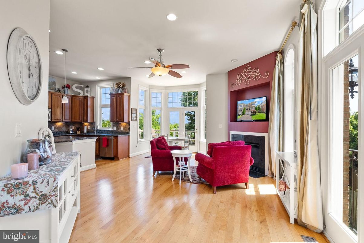 Fireplace, Interior, Kitchen, Living room, Pendant Lights, Recessed Lighting, Wood Texture Flooring