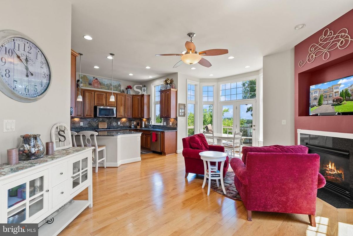 Dining room, Fireplace, Interior, Kitchen, Living room, Recessed Lighting, Wood Texture Flooring