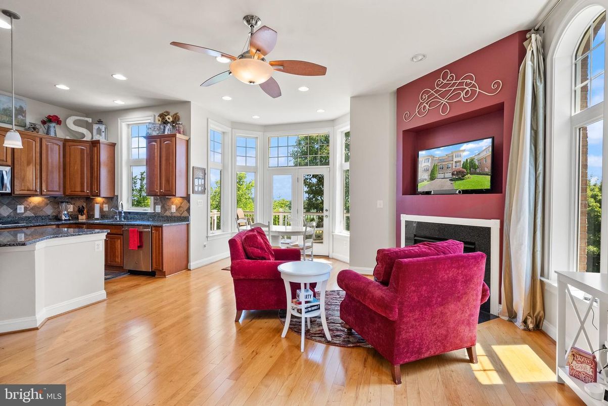 Fireplace, Interior, Kitchen, Living room, Recessed Lighting, Wood Texture Flooring
