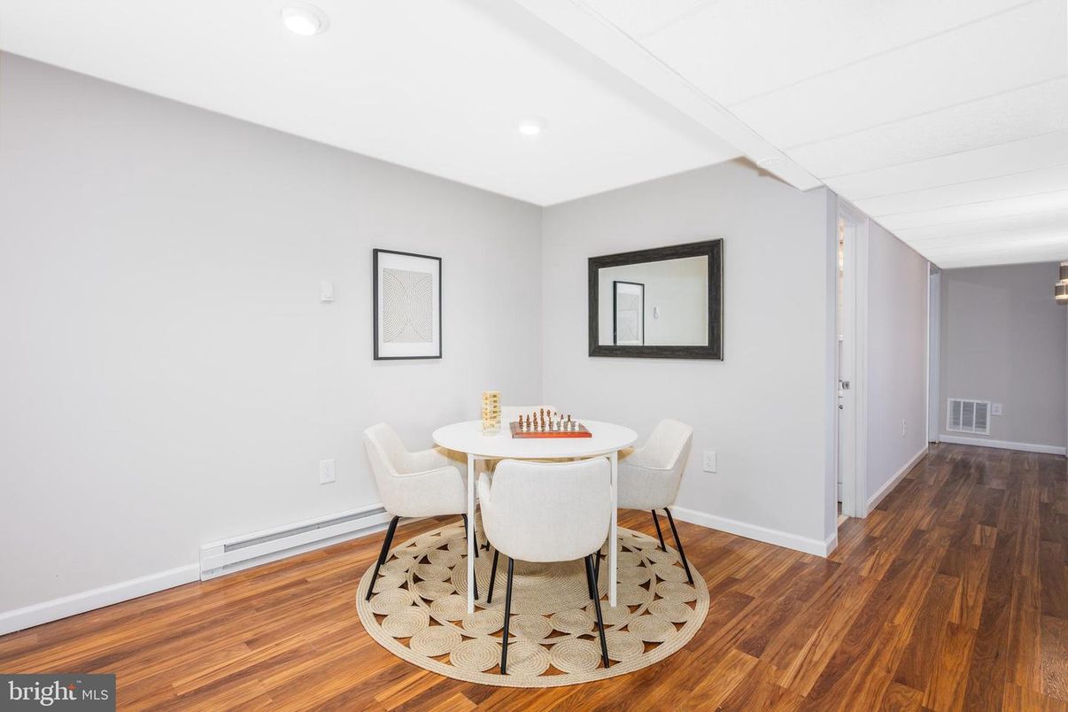 Dining room, Interior, Recessed Lighting, Wood Texture Flooring