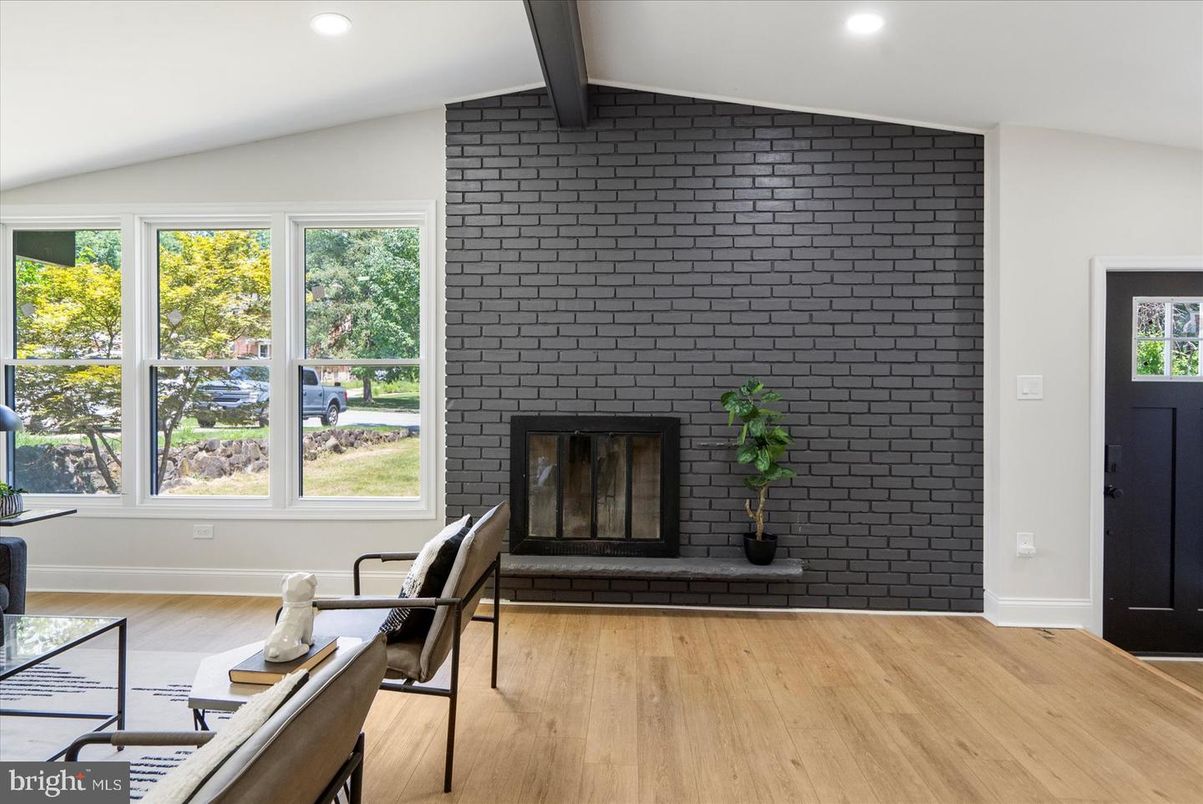 Fireplace, Home Office, Interior, Recessed Lighting, Stone Walls, Wood Texture Flooring