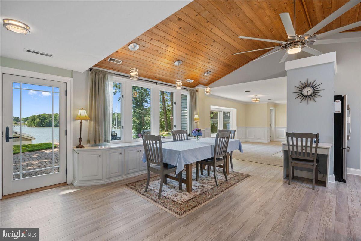 Dining room, Interior, Recessed Lighting, Water, Wooden Ceilings, Wood Texture Flooring
