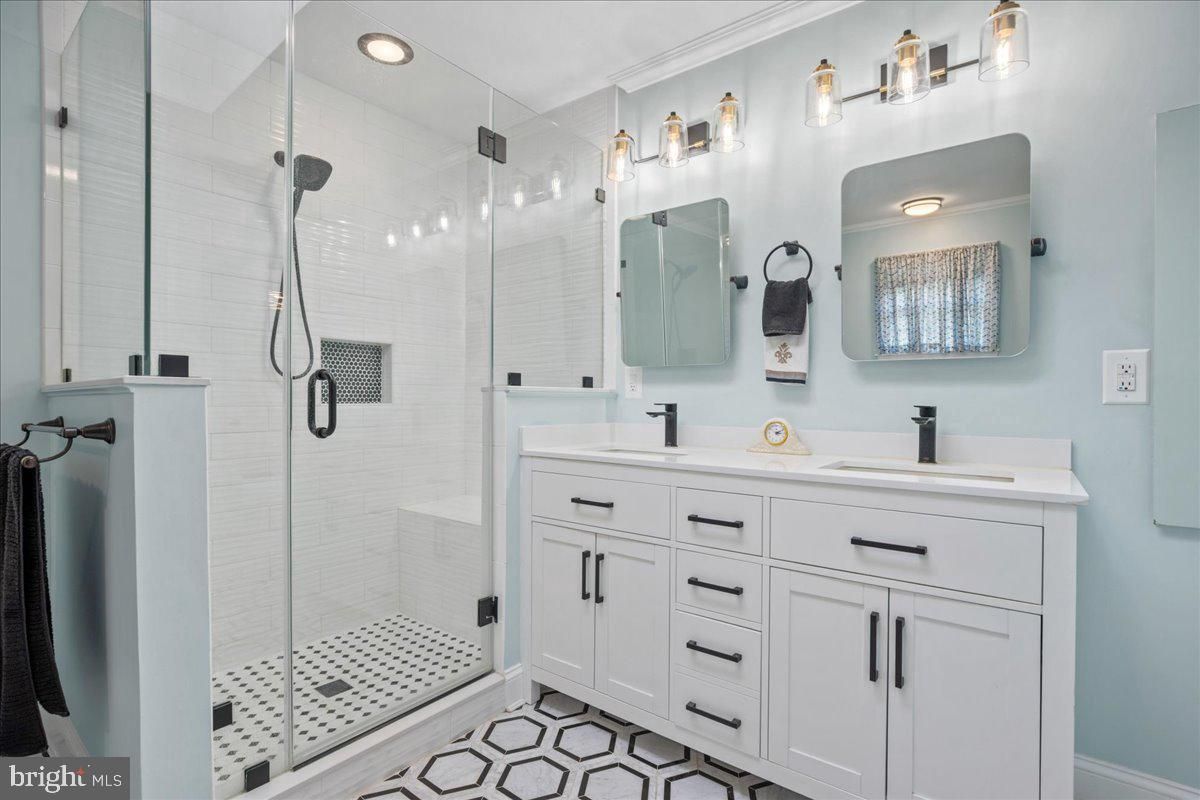 Bathroom, Dual Sink Vanities, Glass Shower, Interior, Recessed Lighting