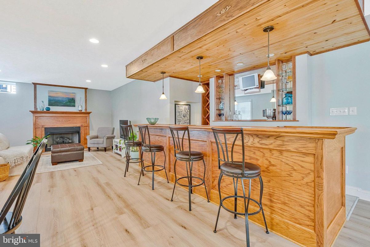 Fireplace, Interior, Pendant Lights, Recessed Lighting, Wooden Ceilings, Wood Texture Flooring