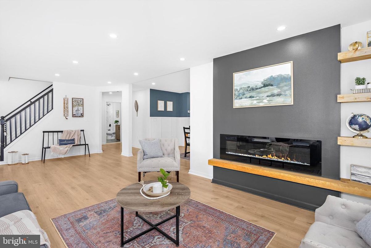 Fireplace, Interior, Living room, Recessed Lighting, Wood Texture Flooring