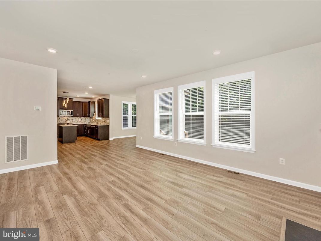 Empty room, Interior, Kitchen, Pendant Lights, Recessed Lighting, Wood Texture Flooring