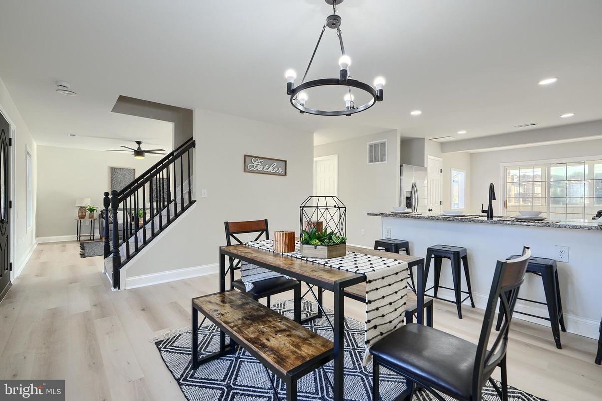 Dining room, Interior, Pendant Lights, Recessed Lighting, Wood Texture Flooring