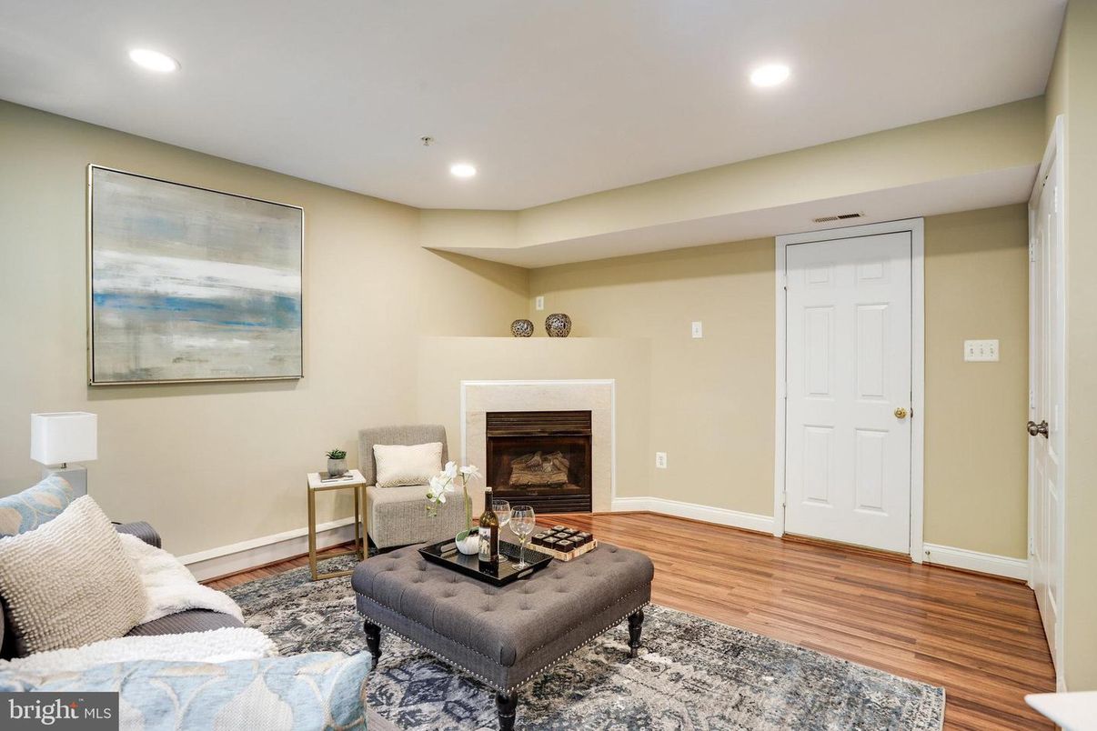 Fireplace, Interior, Living room, Recessed Lighting, Wood Texture Flooring