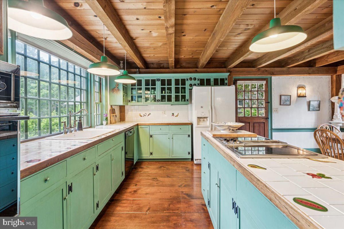 Interior, Kitchen, Pendant Lights, Tile Countertops, Wooden Beams, Wooden Ceilings, Wood Texture Flooring