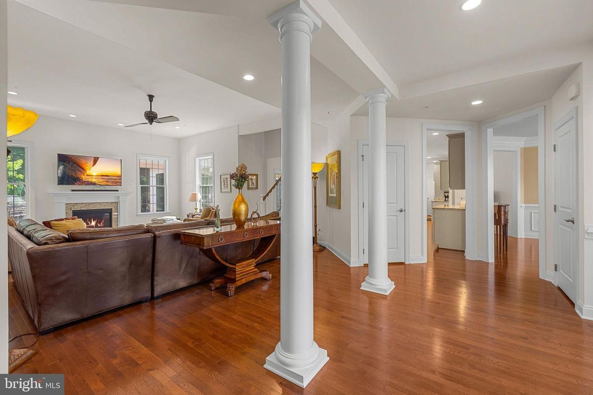 Fireplace, Interior, Living room, Recessed Lighting, Wood Texture Flooring