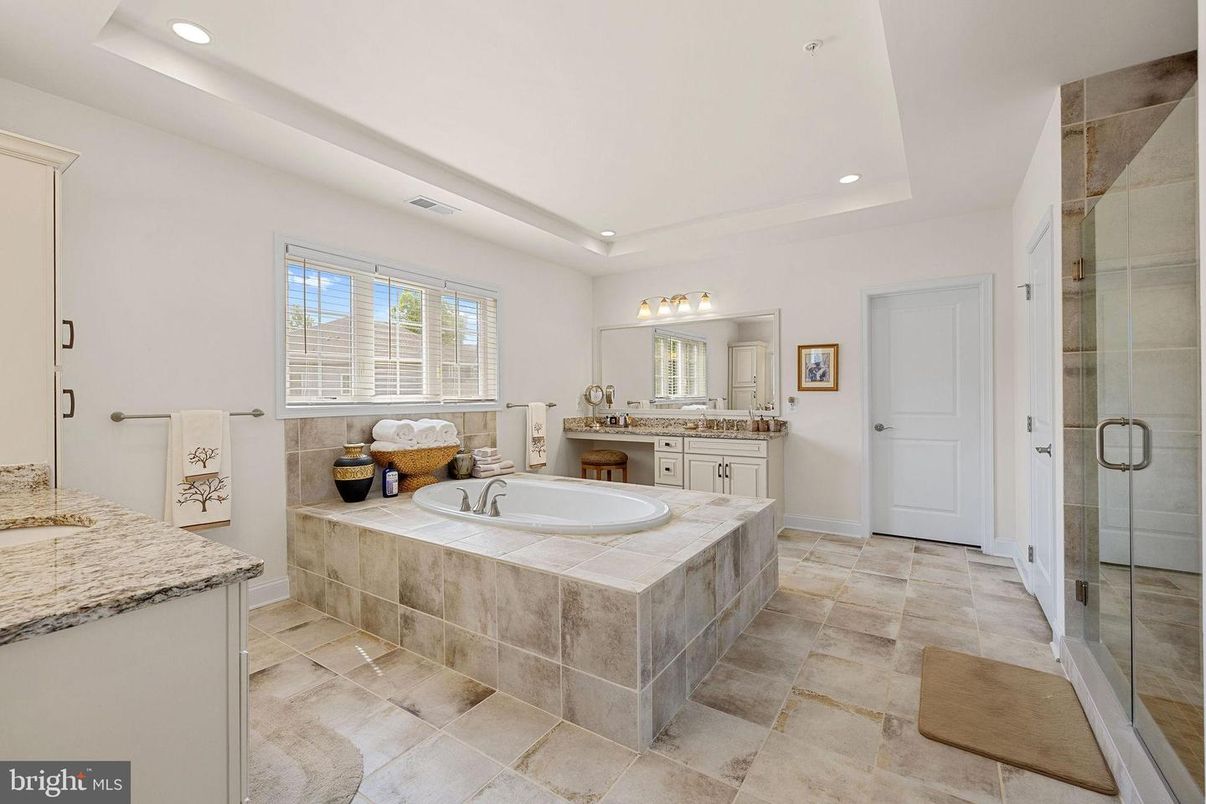 Bathroom, Dual Sink Vanities, Glass Shower, Interior, Recessed Lighting, Tile Countertops