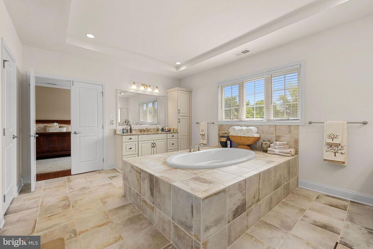 Bathroom, Dual Sink Vanities, Interior, Recessed Lighting, Tile Countertops