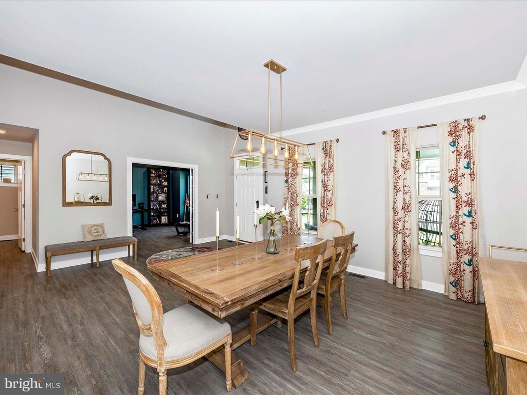 Dining room, Interior, Pendant Lights, Recessed Lighting, Wood Texture Flooring
