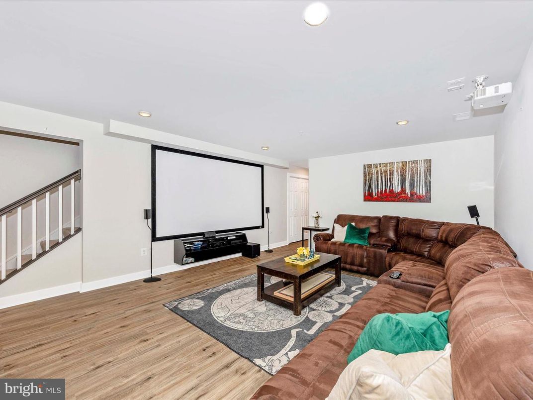 Interior, Living room, Projection Screen, Recessed Lighting, Wood Texture Flooring