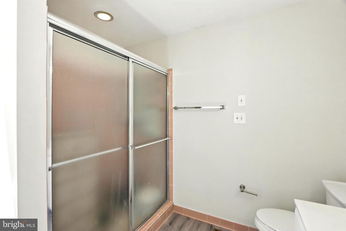 Bathroom, Glass Shower, Interior, Recessed Lighting, Wood Texture Flooring