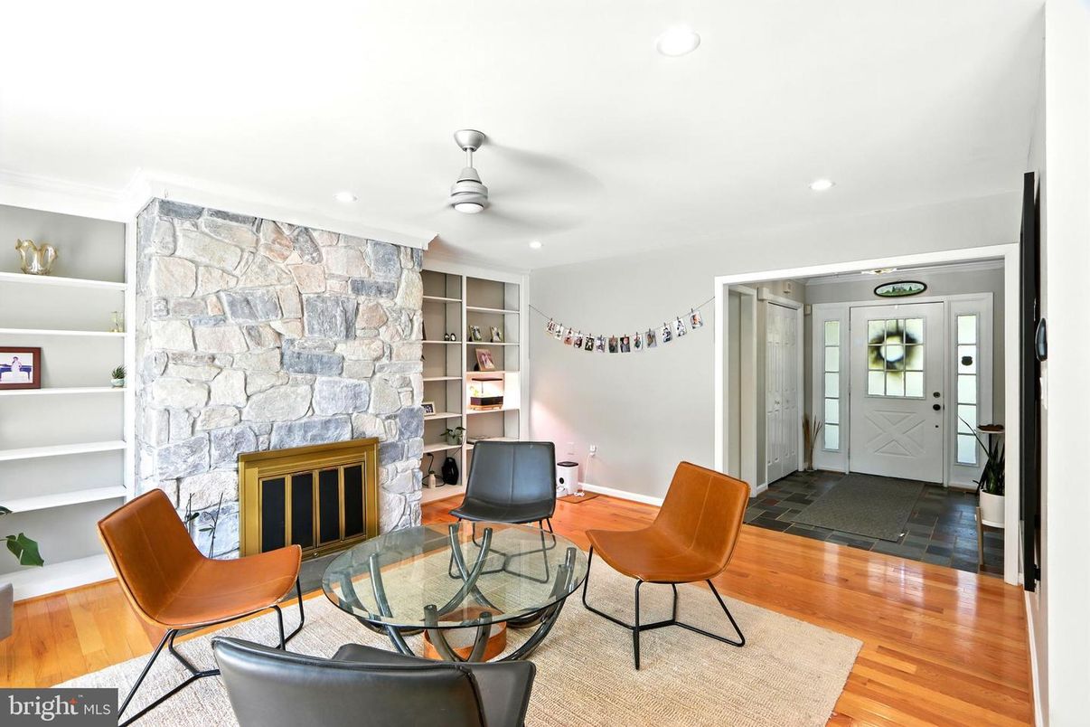 Fireplace, Interior, Recessed Lighting, Stone Walls, Wood Texture Flooring
