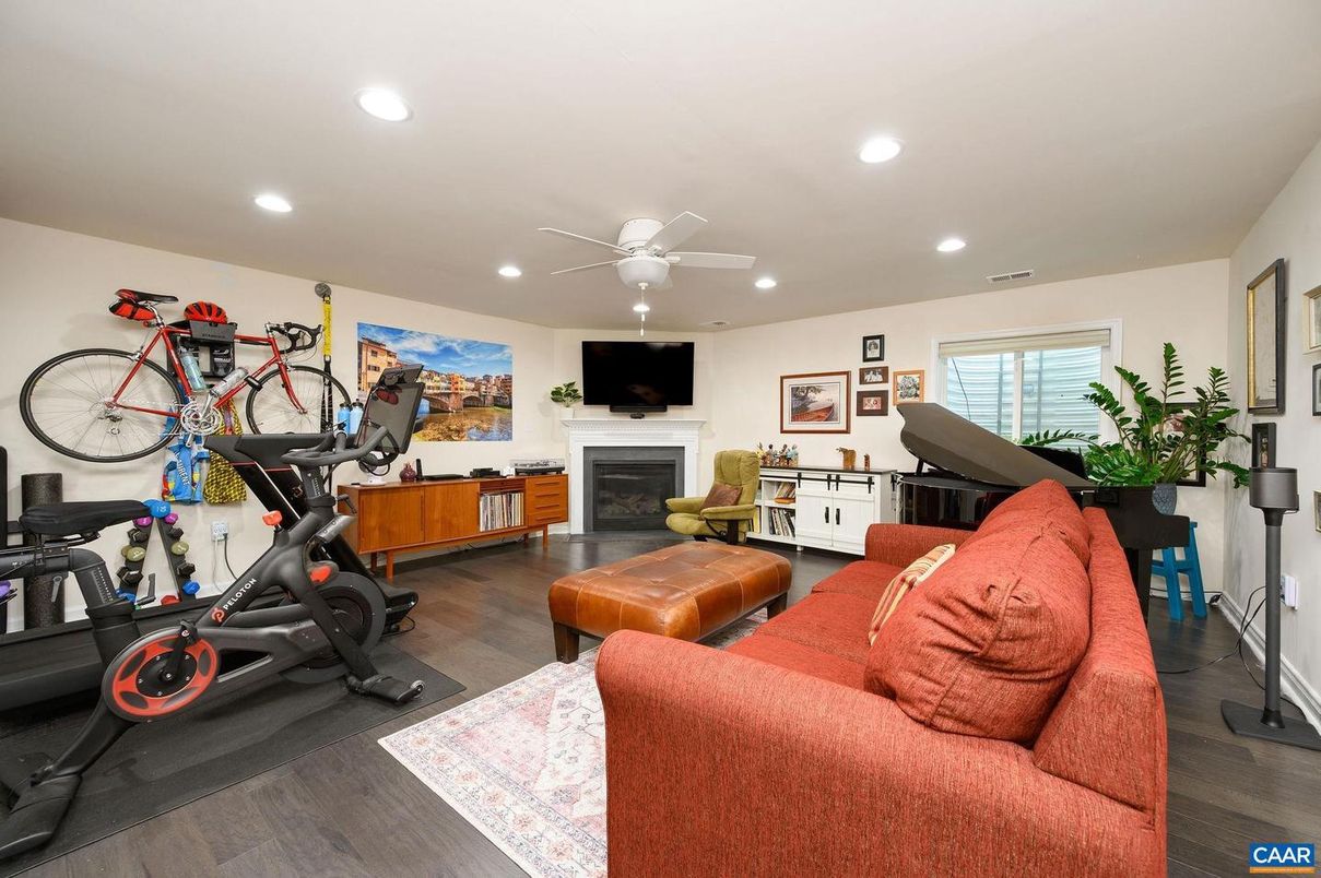 Fireplace, Fitness Equipment, Interior, Piano, Recessed Lighting, Wood Texture Flooring