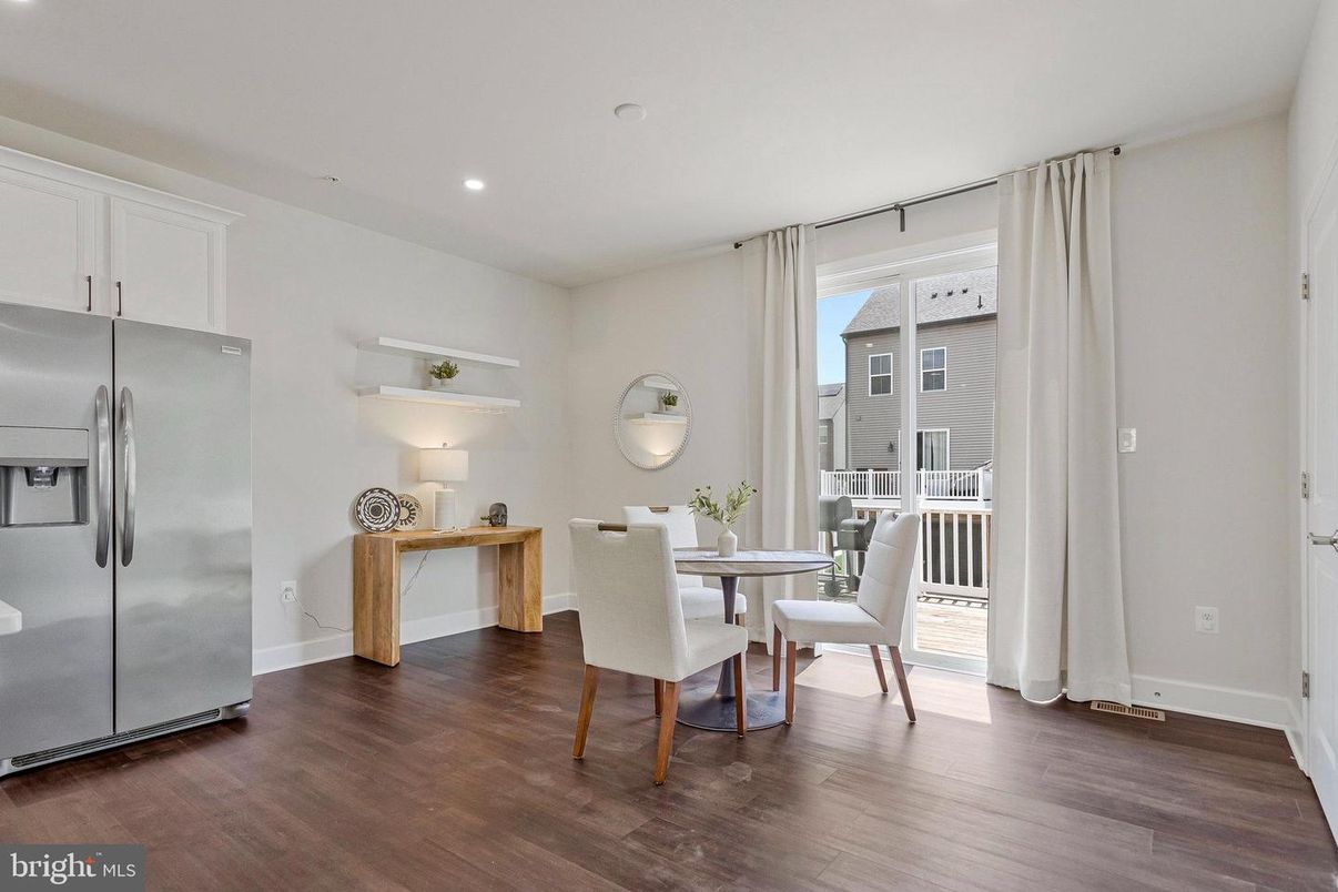 Dining room, Interior, Recessed Lighting, Stainless Steel Appliances, Wood Texture Flooring