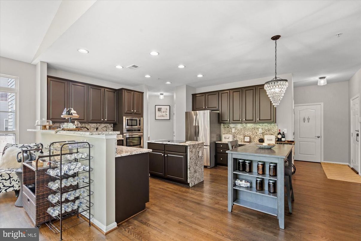 Chandelier, Interior, Kitchen, Recessed Lighting, Stainless Steel Appliances, Wood Texture Flooring