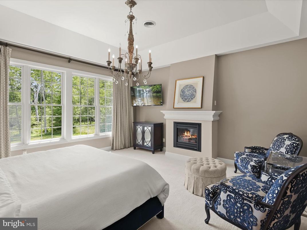 Bedroom, Chandelier, Fireplace, Interior
