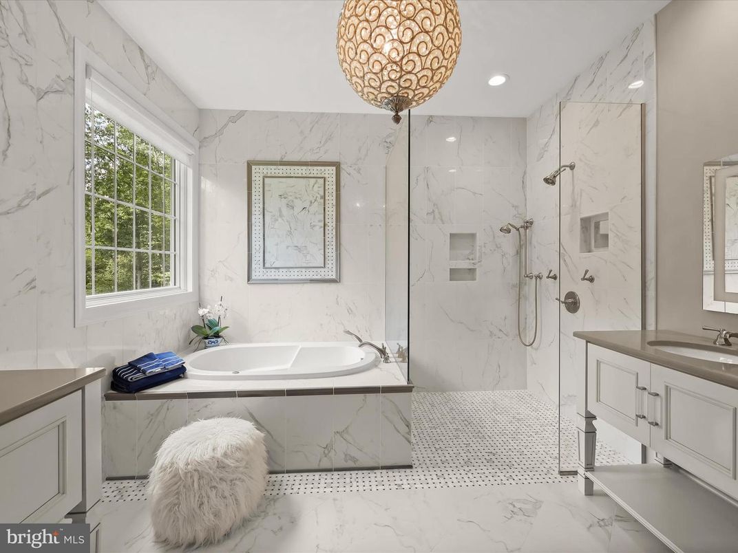 Bathroom, Glass Shower, Interior, Marble, Marble Walls, Recessed Lighting