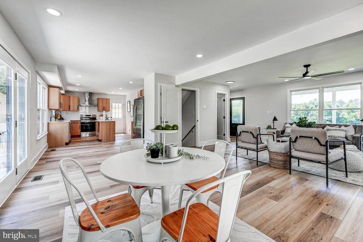 Dining room, Interior, Kitchen, Living room, Recessed Lighting, Stainless Steel Appliances, Wood Texture Flooring
