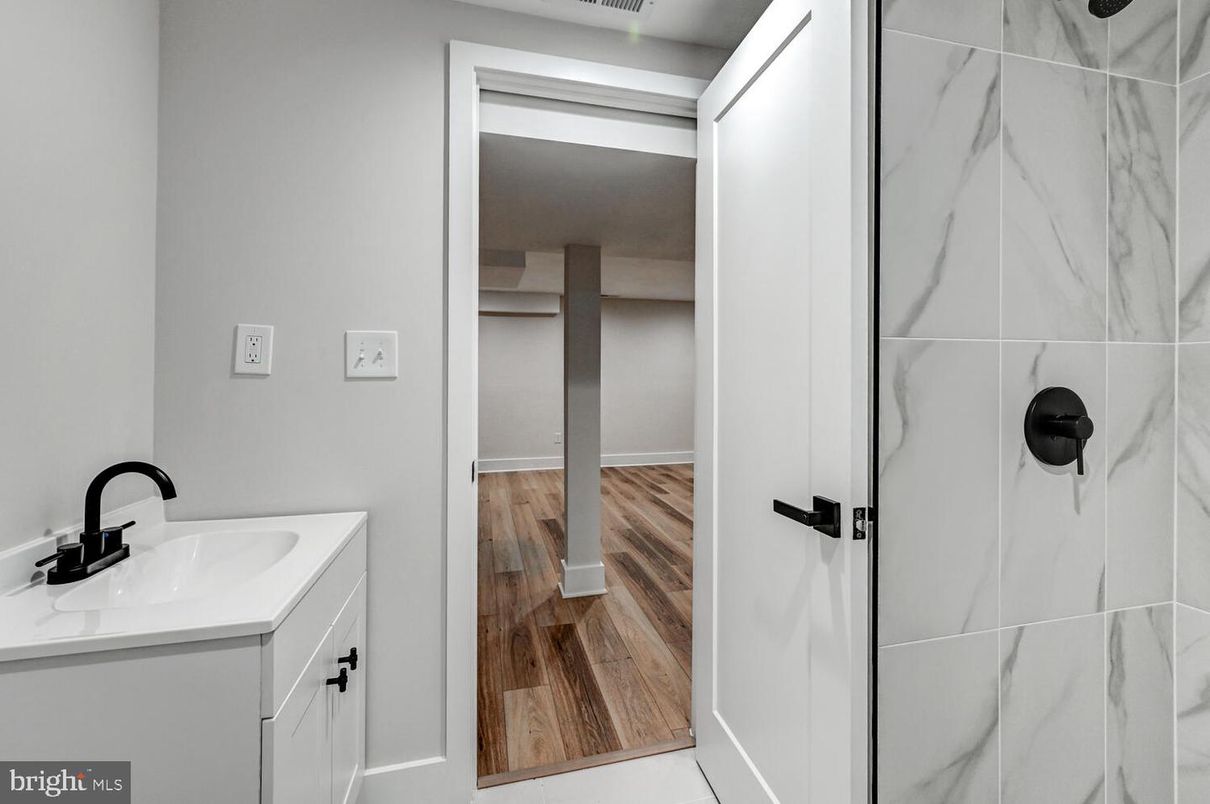 Bathroom, Interior, Marble Walls, Wood Texture Flooring