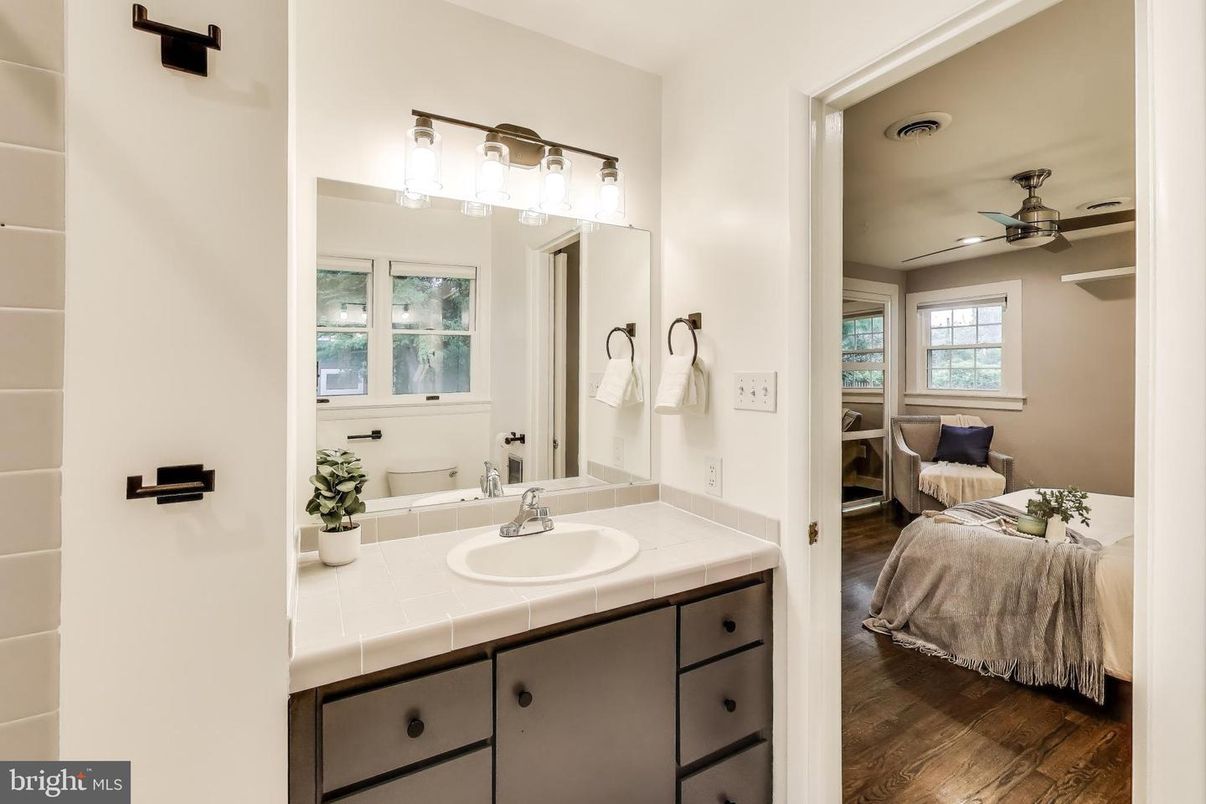 Bathroom, Interior, Tile Countertops, Wood Texture Flooring