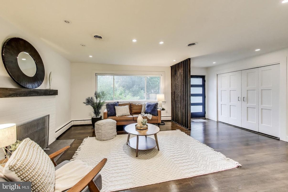 Fireplace, Interior, Living room, Recessed Lighting, Wood Texture Flooring