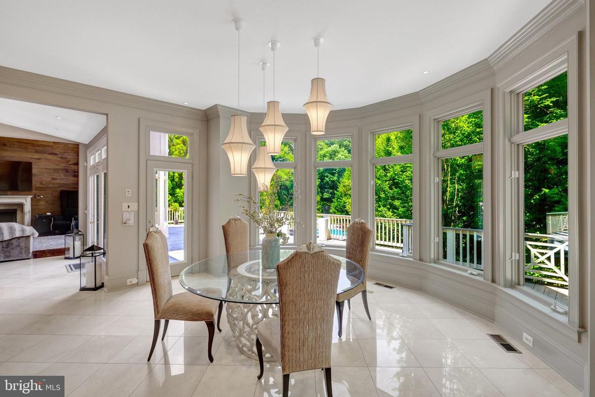 Dining room, Fireplace, Interior, Pendant Lights, Wooden Walls