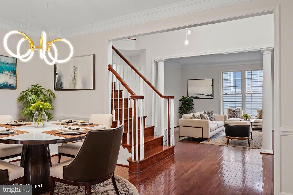 Dining room, Interior, Living room, Pendant Lights, Wood Texture Flooring
