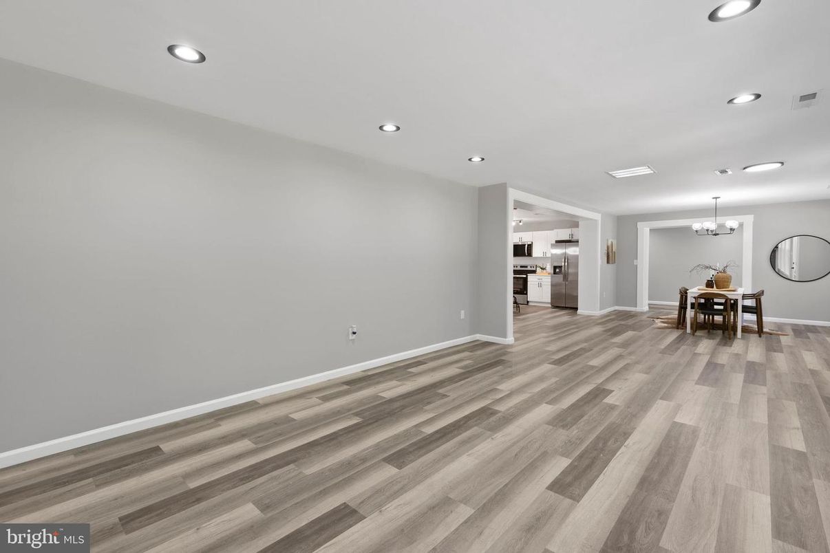 Chandelier, Dining room, Empty room, Interior, Kitchen, Recessed Lighting, Wood Texture Flooring