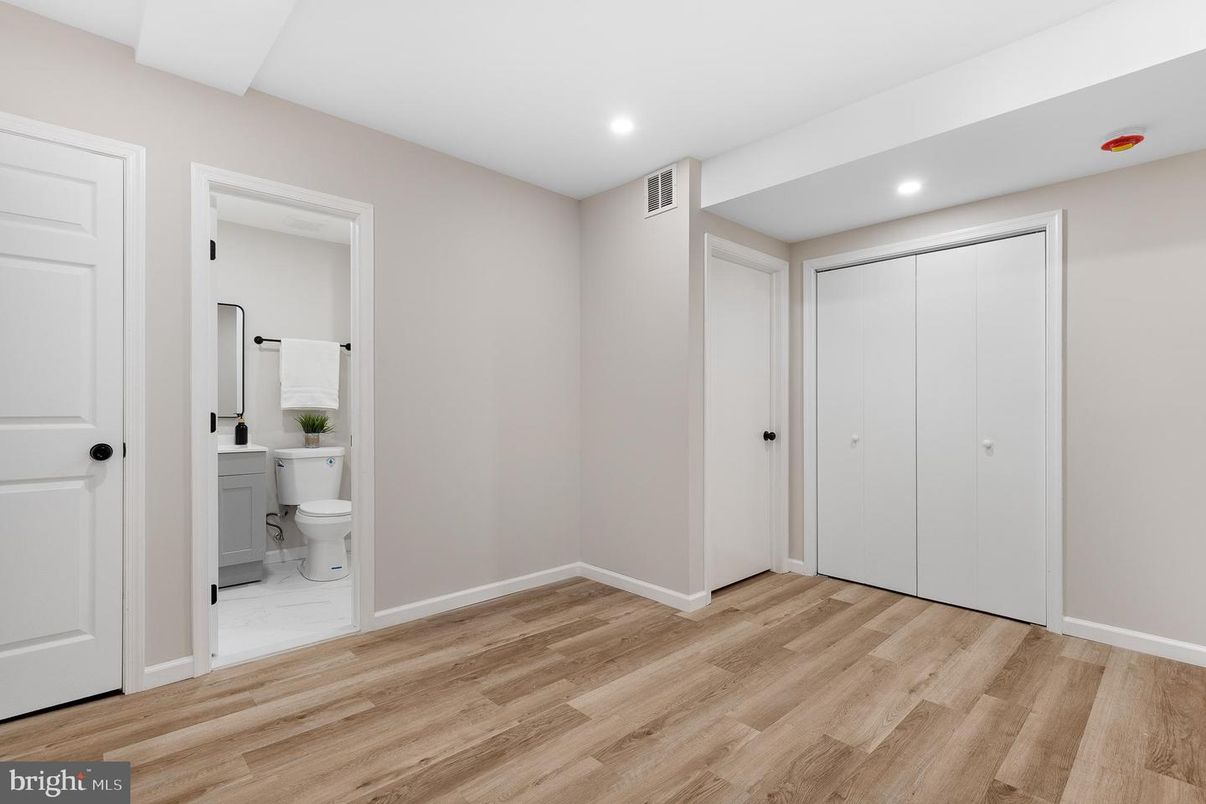 Bathroom, Empty room, Interior, Recessed Lighting, Wood Texture Flooring