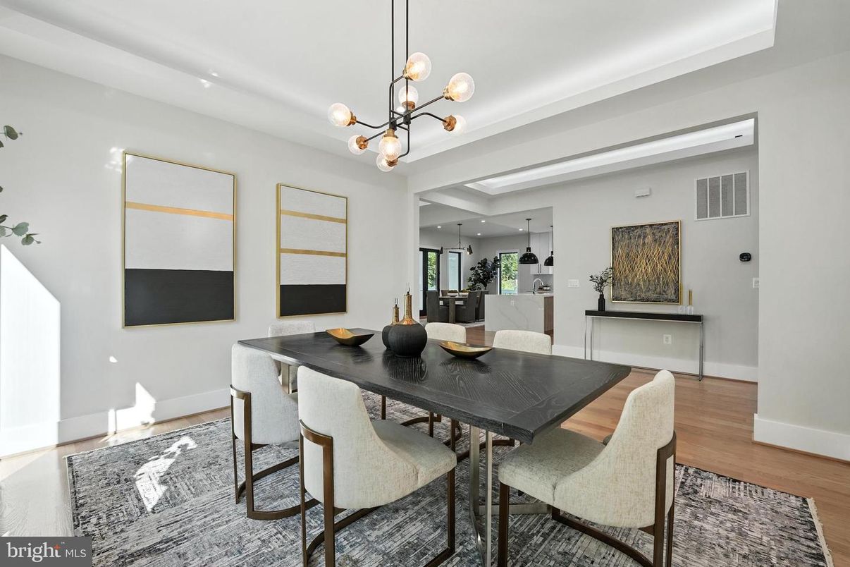 Dining room, Interior, Pendant Lights, Recessed Lighting, Wood Texture Flooring