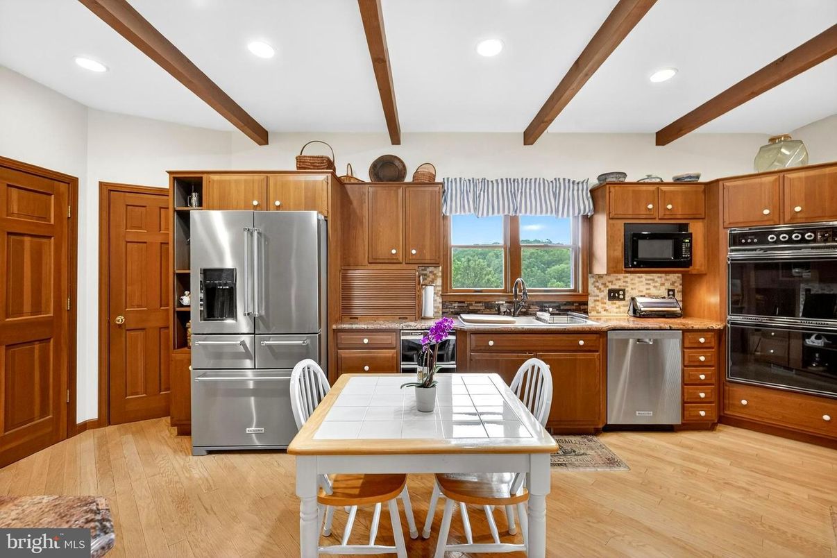 Interior, Kitchen, Recessed Lighting, Stainless Steel Appliances, Wooden Beams, Wood Texture Flooring