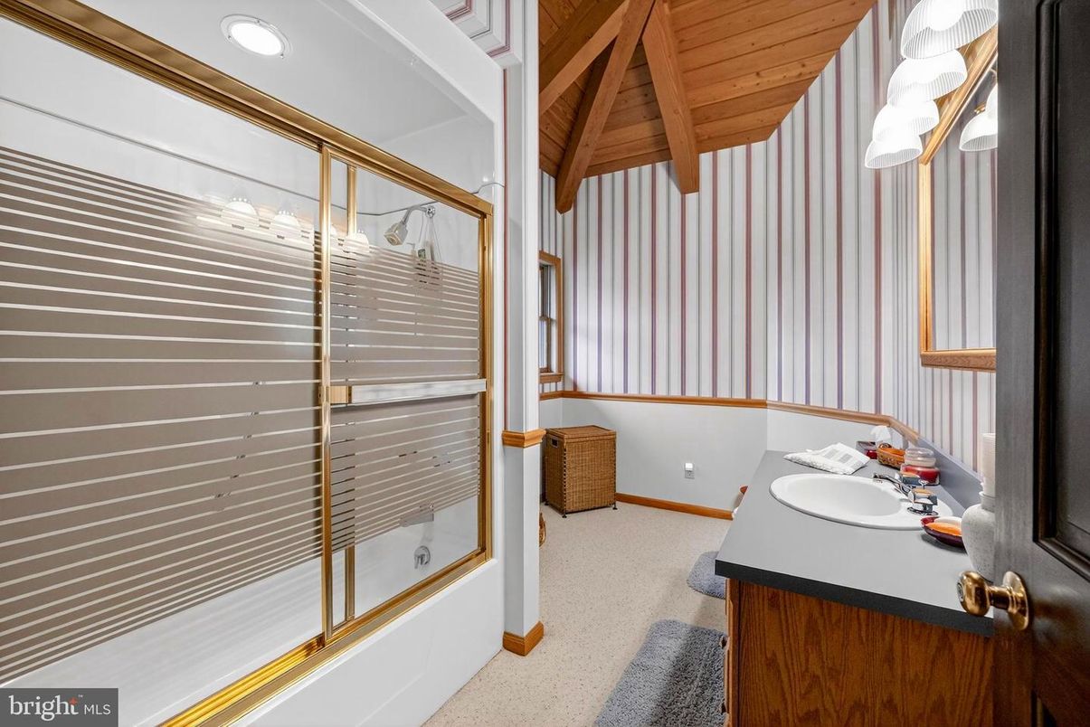 Bathroom, Glass Shower, Interior, Recessed Lighting, Wooden Ceilings