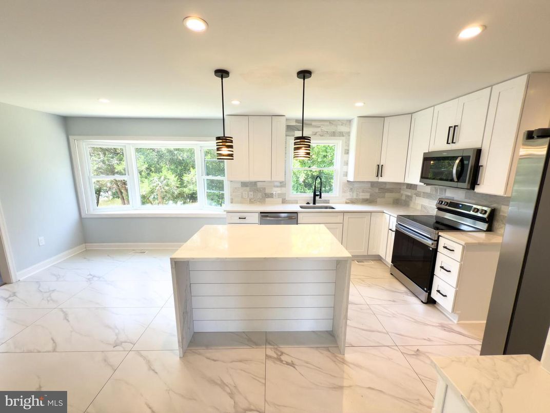 Interior, Kitchen, Marble, Pendant Lights, Recessed Lighting, Stainless Steel Appliances
