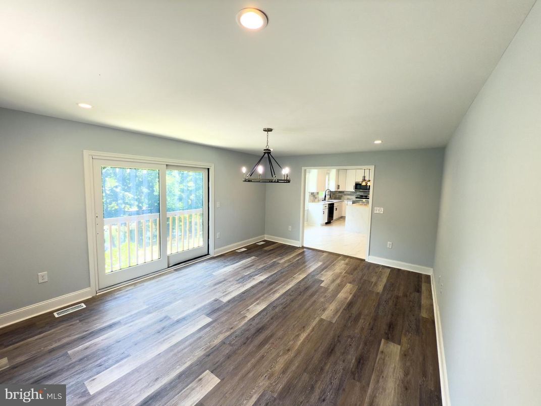 Chandelier, Empty room, Interior, Kitchen, Pendant Lights, Recessed Lighting, Wood Texture Flooring