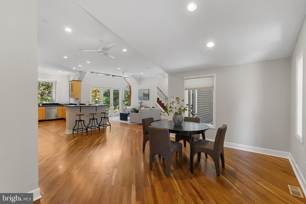 Dining room, Interior, Recessed Lighting, Wood Texture Flooring
