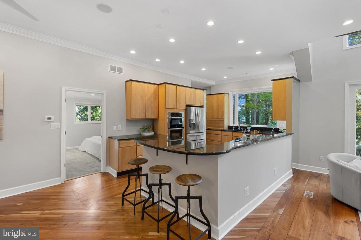 Interior, Kitchen, Recessed Lighting, Stainless Steel Appliances, Wood Texture Flooring