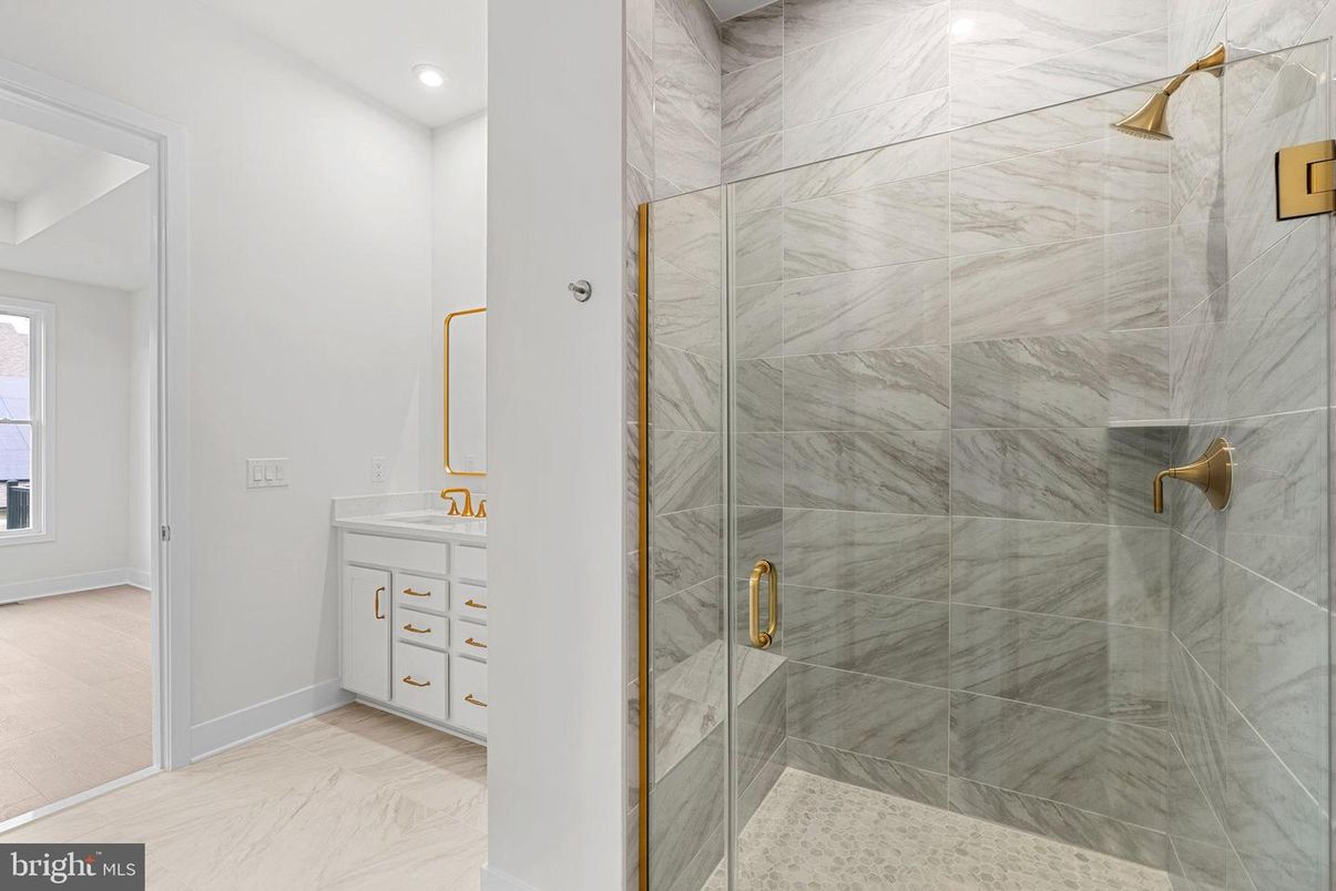 Bathroom, Glass Shower, Interior, Marble, Marble Walls, Recessed Lighting