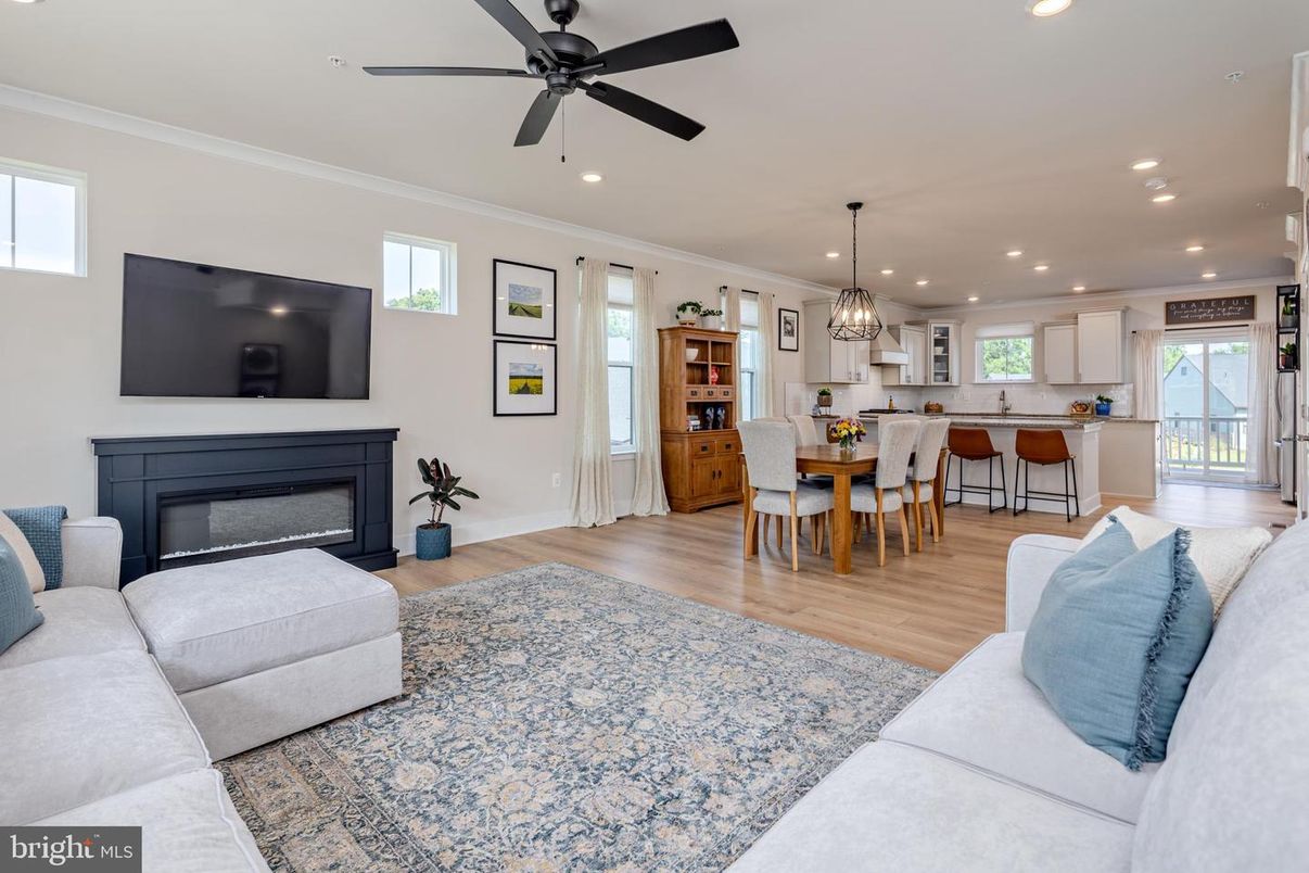 Dining room, Fireplace, Interior, Kitchen, Living room, Pendant Lights, Recessed Lighting, Wood Texture Flooring
