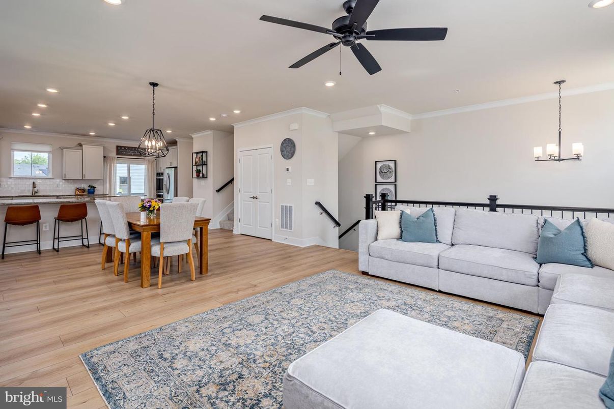 Chandelier, Dining room, Interior, Kitchen, Living room, Pendant Lights, Recessed Lighting, Wood Texture Flooring