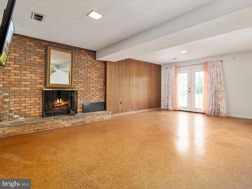 Empty room, Fireplace, Interior, Recessed Lighting, Stone Walls