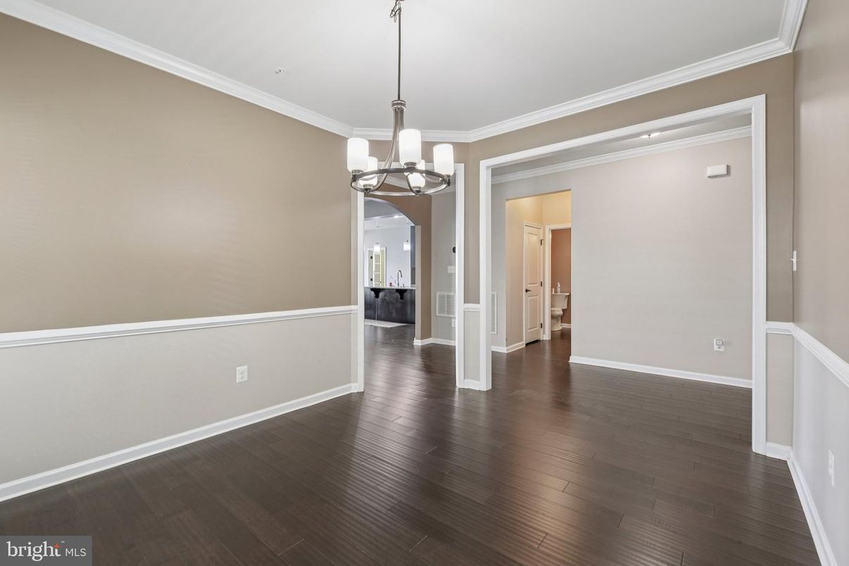 Chandelier, Empty room, Interior, Pendant Lights, Recessed Lighting, Wood Texture Flooring