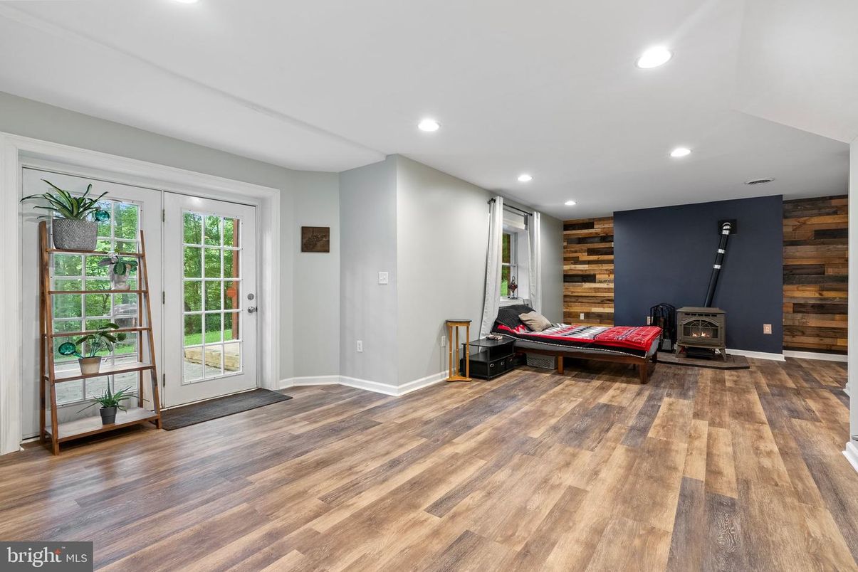 Empty room, Fireplace, Interior, Recessed Lighting, Wood Texture Flooring, Wooden Walls