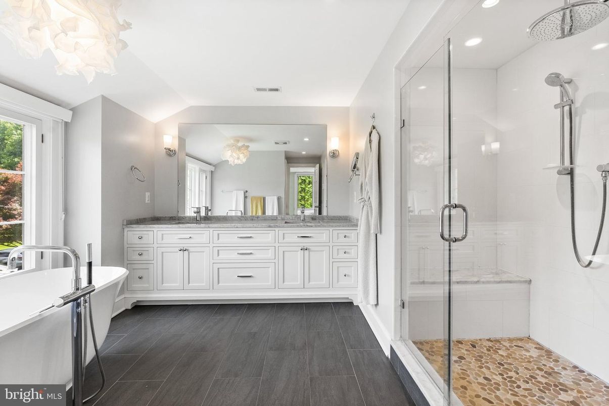 Bathroom, Dual Sink Vanities, Glass Shower, Interior, Recessed Lighting, Wood Texture Flooring